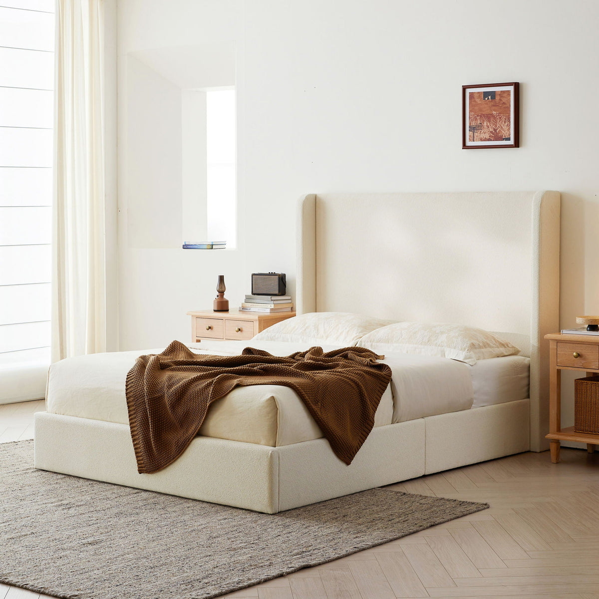 Carmen king-size ivory upholstered wingback bed by HouseOfZazla in a minimalist bedroom on Tampa Home & Garden Store