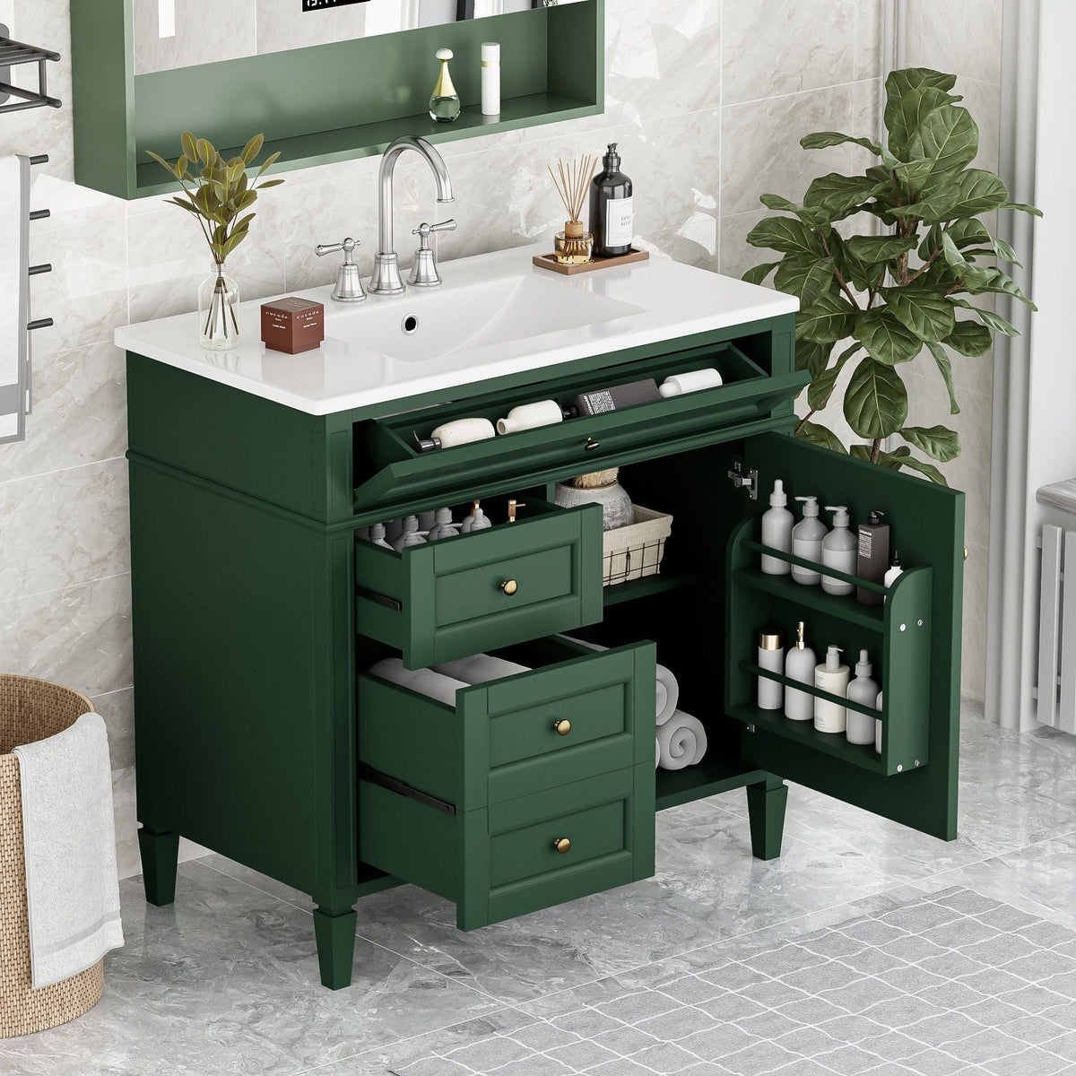 36-inch HouseOfZazla vanity with ceramic sink, green finish and drawer storage on Tampa Home & Garden Store