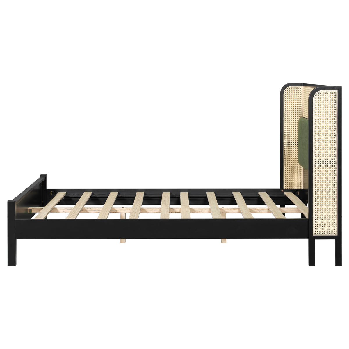 Queen bed frame with plush green upholstered headboard and black metal frame HouseOfZazla on Tampa Home & Garden Store