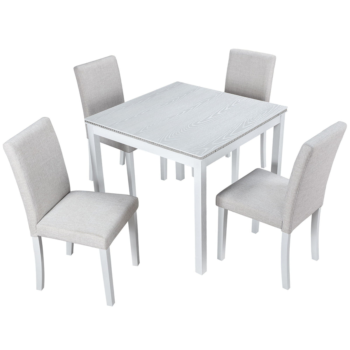 5-piece dining table set with crystal-embellished edge and gray upholstered chairs on Tampa Home & Garden Store