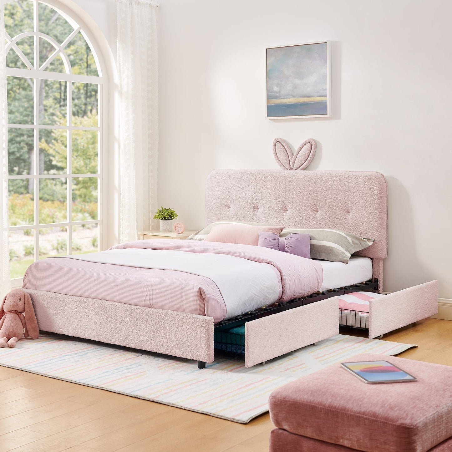 Queen Size Kids Upholstered Bed with Rabbit Ear Headboard & Storage in pink upholstery on Tampa Home & Garden Store