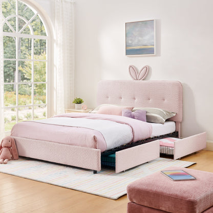 Queen Size Kids Upholstered Bed with Rabbit Ear Headboard & Storage in pink upholstery on Tampa Home & Garden Store