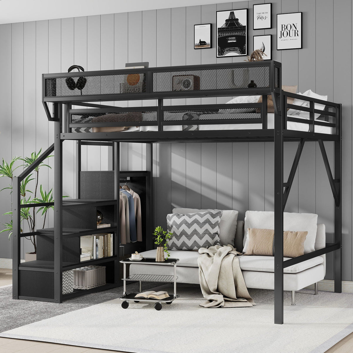 Queen Size Loft Bed with stairs, wardrobe and storage shelves in black metal frame on Tampa Home & Garden Store