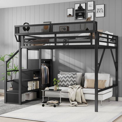 Queen Size Loft Bed with stairs, wardrobe and storage shelves in black metal frame on Tampa Home & Garden Store