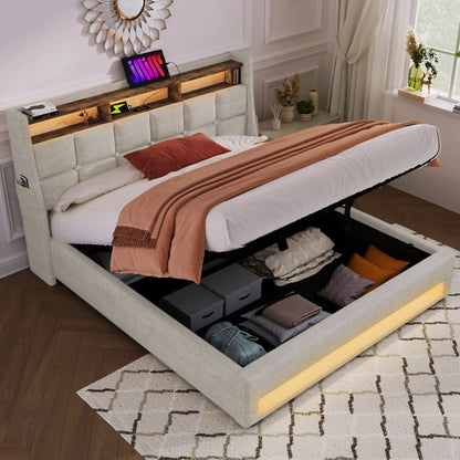 Upholstered Platform Bed With Storage USB LED
