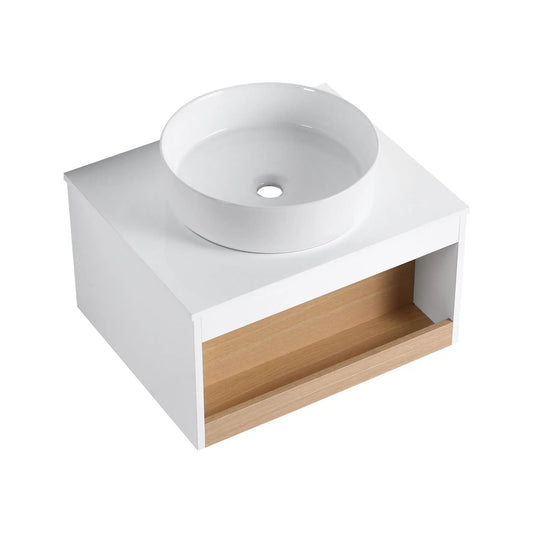 Floating white bathroom vanity with glossy round vessel sink and wood open shelves on Tampa Home & Garden Store