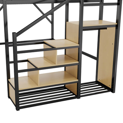 Queen size loft bed with stairs, storage shelves, and wardrobe in black frame with wood steps on Tampa Home & Garden Store