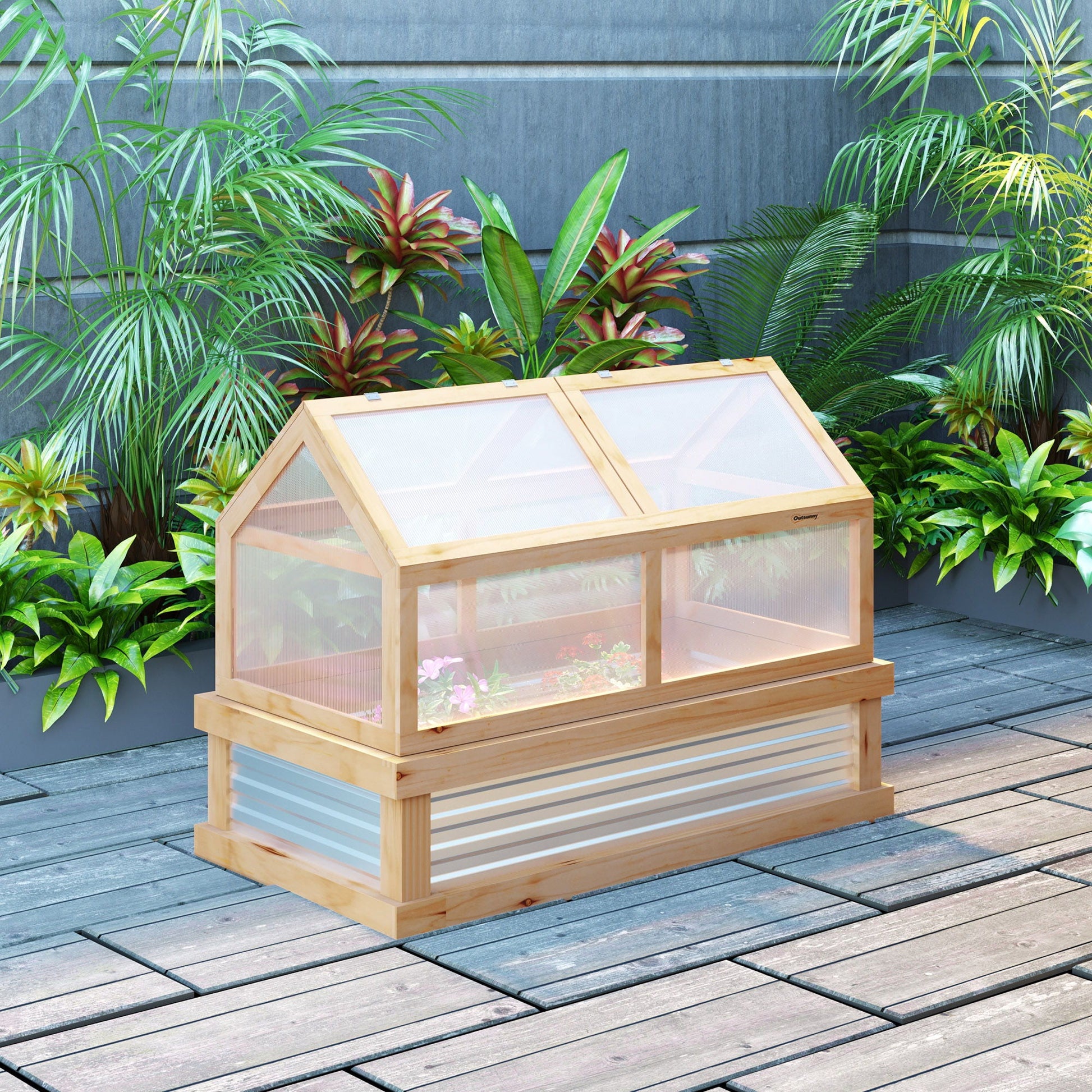 Outsunny wooden raised garden bed with polycarbonate greenhouse panels, natural finish on Tampa Home & Garden Store