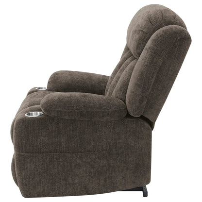 Beca upholstered power lift recliner with cupholders in brown textured fabric on Tampa Home & Garden Store