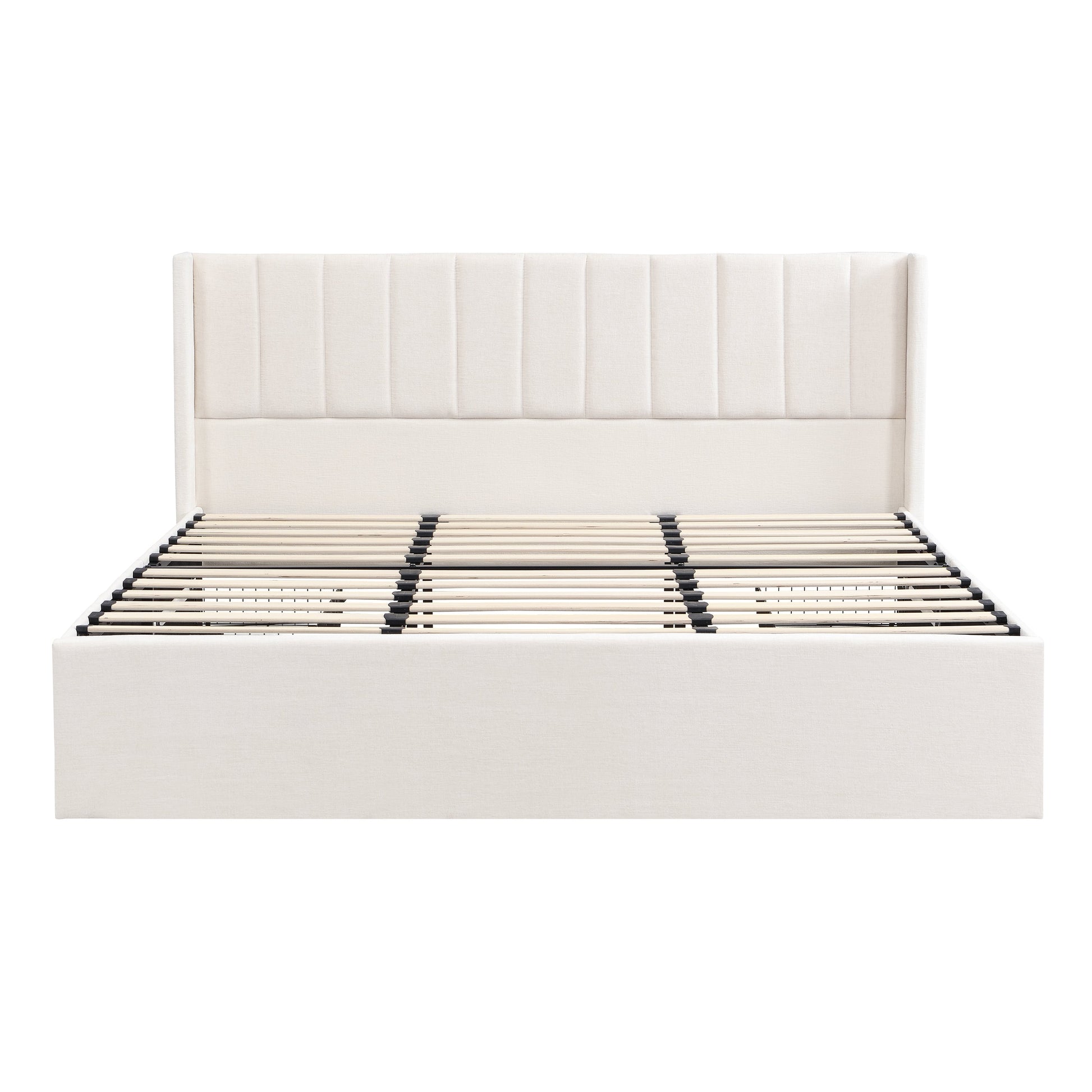 Large-Capacity Upholstered Storage Bed with Drawers tan fabric headboard and slatted foundation on Tampa Home & Garden Store