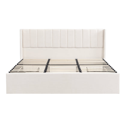 Large-Capacity Upholstered Storage Bed with Drawers tan fabric headboard and slatted foundation on Tampa Home & Garden Store