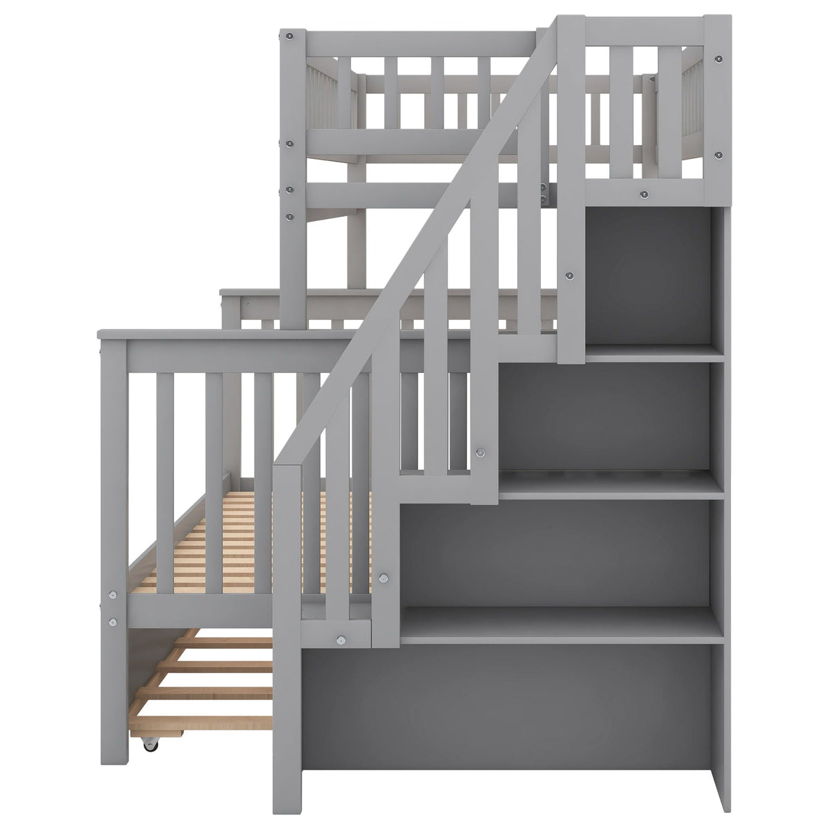 HouseOfZazla gray bunk bed with built-in staircase, sturdy wooden frame and top bunk guard rails on Tampa Home & Garden Store
