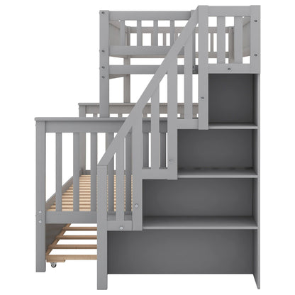HouseOfZazla gray bunk bed with built-in staircase, sturdy wooden frame and top bunk guard rails on Tampa Home & Garden Store
