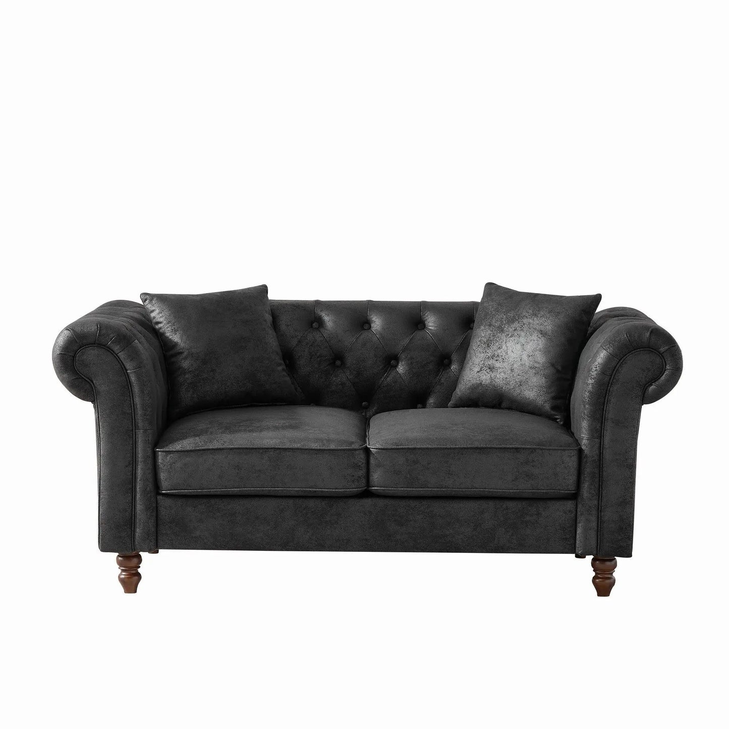 Chesterfield 3+2 seater sofa in dark charcoal high-tech fabric with tufted back on wooden legs on Tampa Home & Garden Store