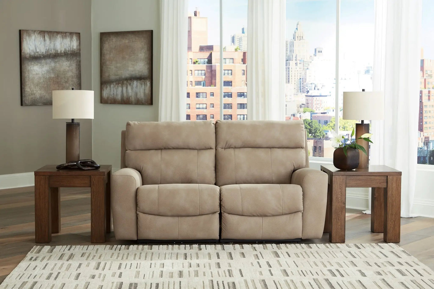 Next-Gen Durapella reclining sectional in warm tan upholstery with two wood end tables on Tampa Home & Garden Store
