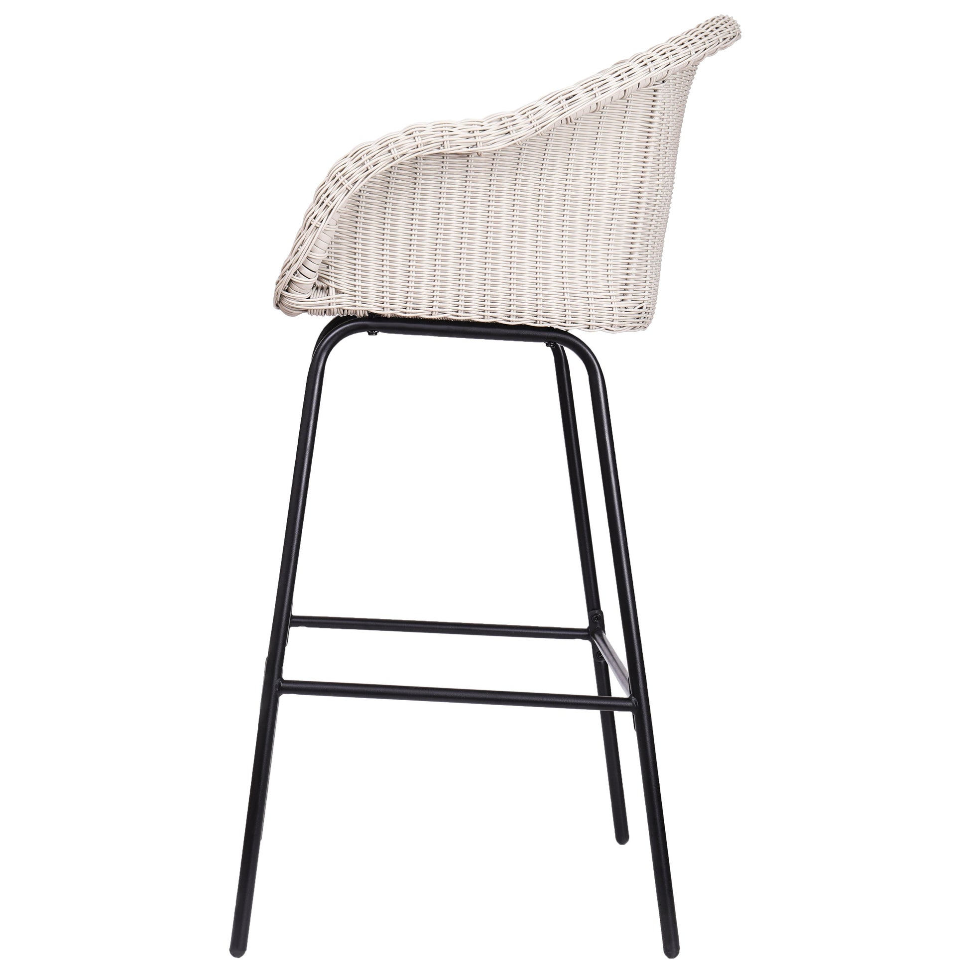 Ladd outdoor wicker barstool pair, light gray woven seat and back, black metal legs on Tampa Home & Garden Store