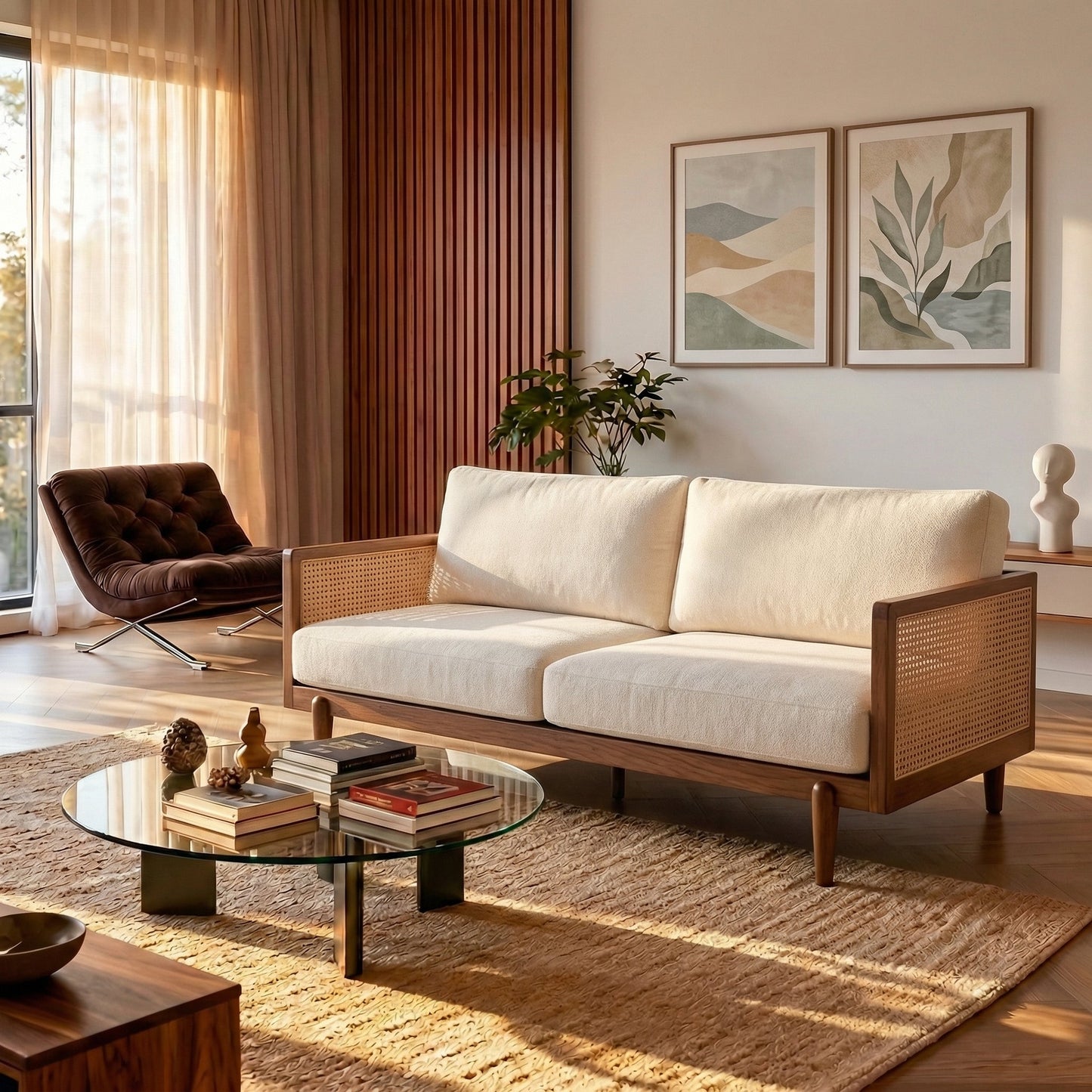 EMIR 72-inch square-arm 3-seater boucle sofa with cane rattan and wooden frame beige on Tampa Home & Garden Store