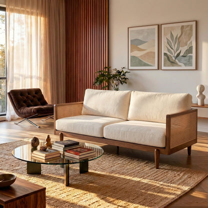 EMIR 72-inch square-arm 3-seater boucle sofa with cane rattan and wooden frame beige on Tampa Home & Garden Store