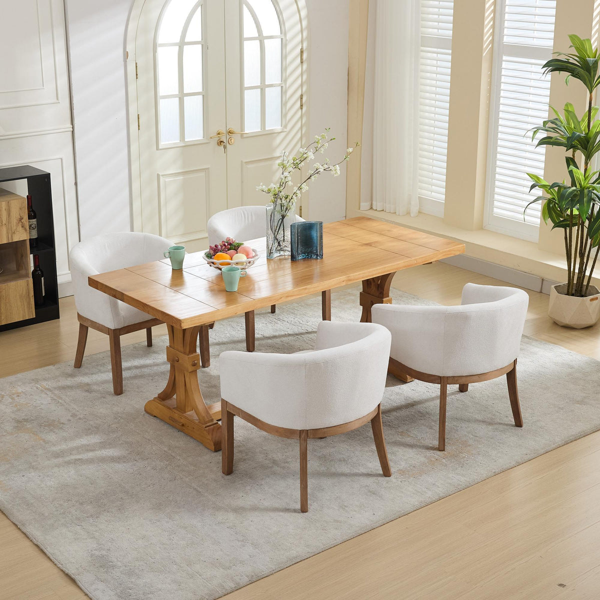 Mid Century Modern Upholstered Barrel Dining Chair with Arms, cream upholstery, wooden legs on Tampa Home & Garden Store