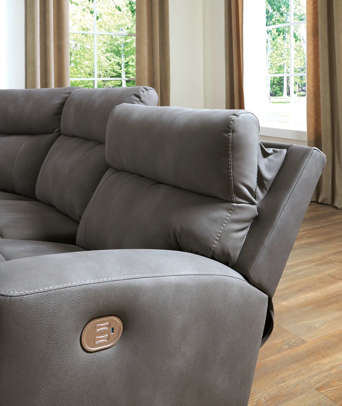 Next-Gen Durapella Reclining Sectional in gray faux leather with USB power outlet on Tampa Home & Garden Store