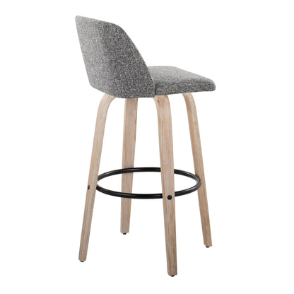 Mid-Century Modern bar stool set in grey fabric with light wood legs and black footring on Tampa Home & Garden Store