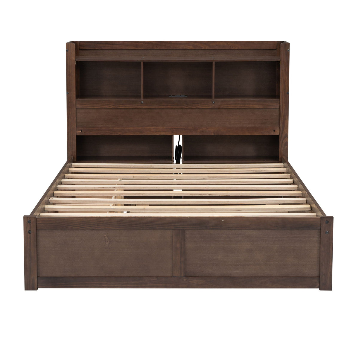 Storage platform bed with dark brown wood finish, pull-out shelves, trundle, and 2 drawers on Tampa Home & Garden Store