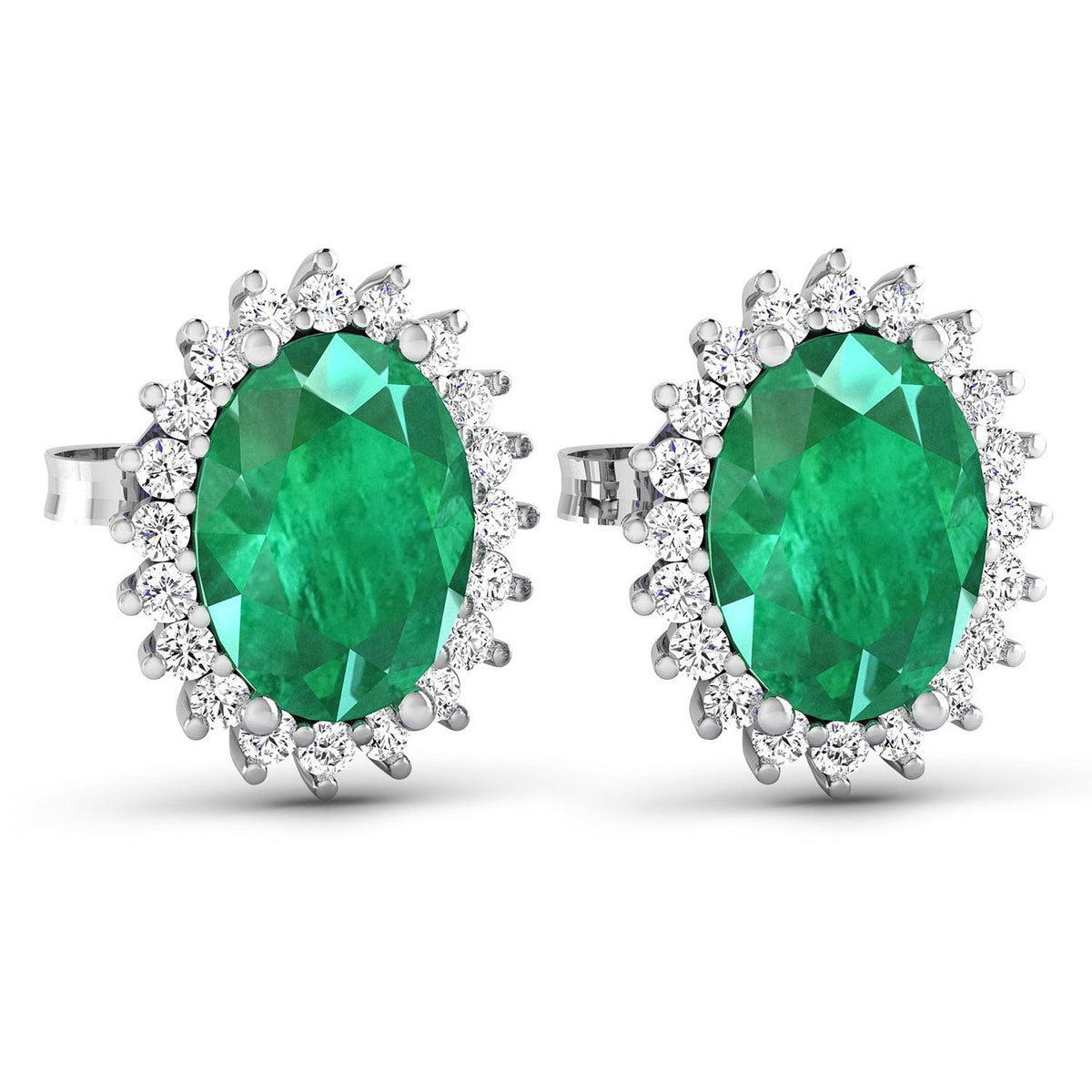 Earrings: oval Zambian emeralds surrounded by diamond halos in 14K white gold, pair on Tampa Home & Garden Store