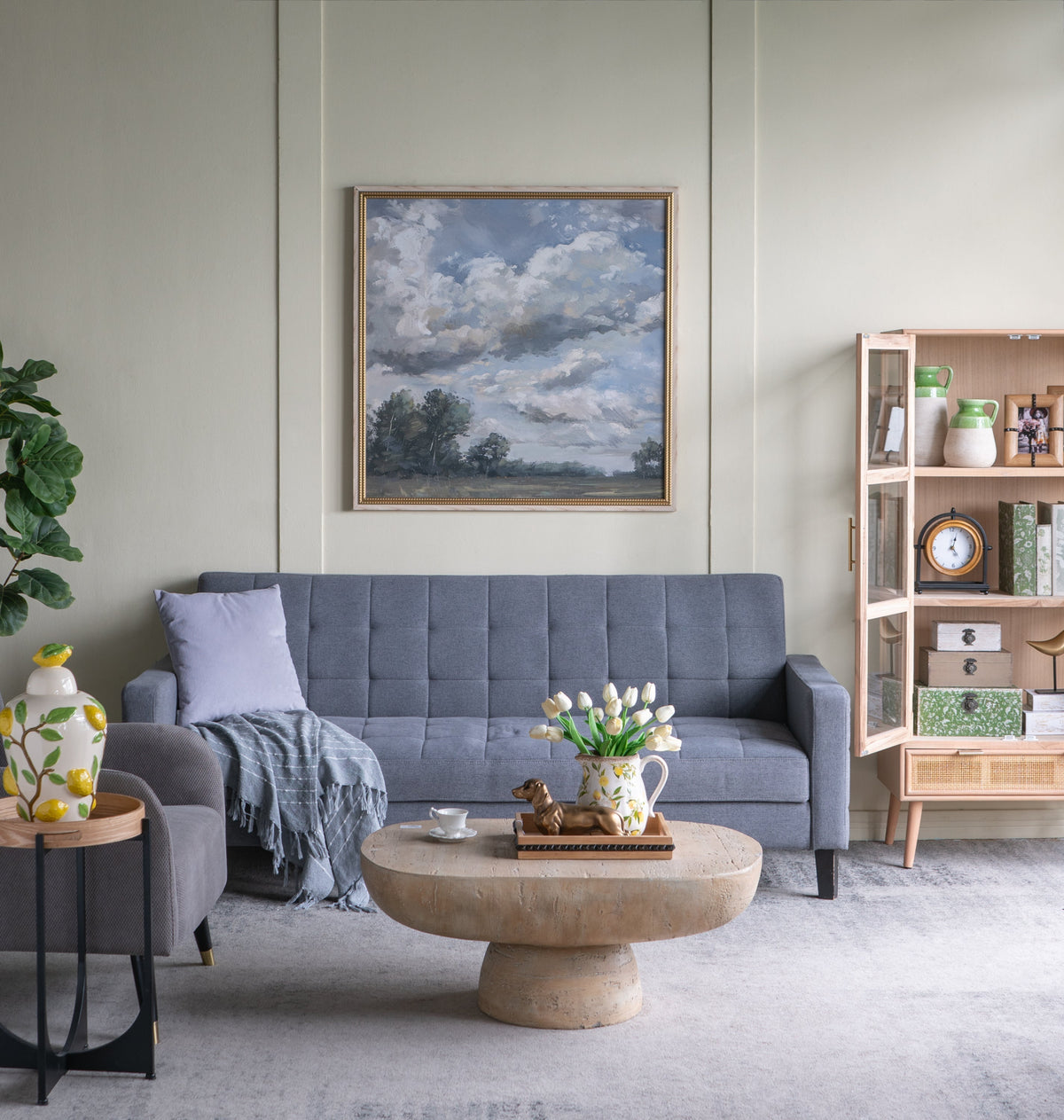 Large Square Countryside Canvas Wall Art with soft color details above olive wall and sofa on Tampa Home & Garden Store