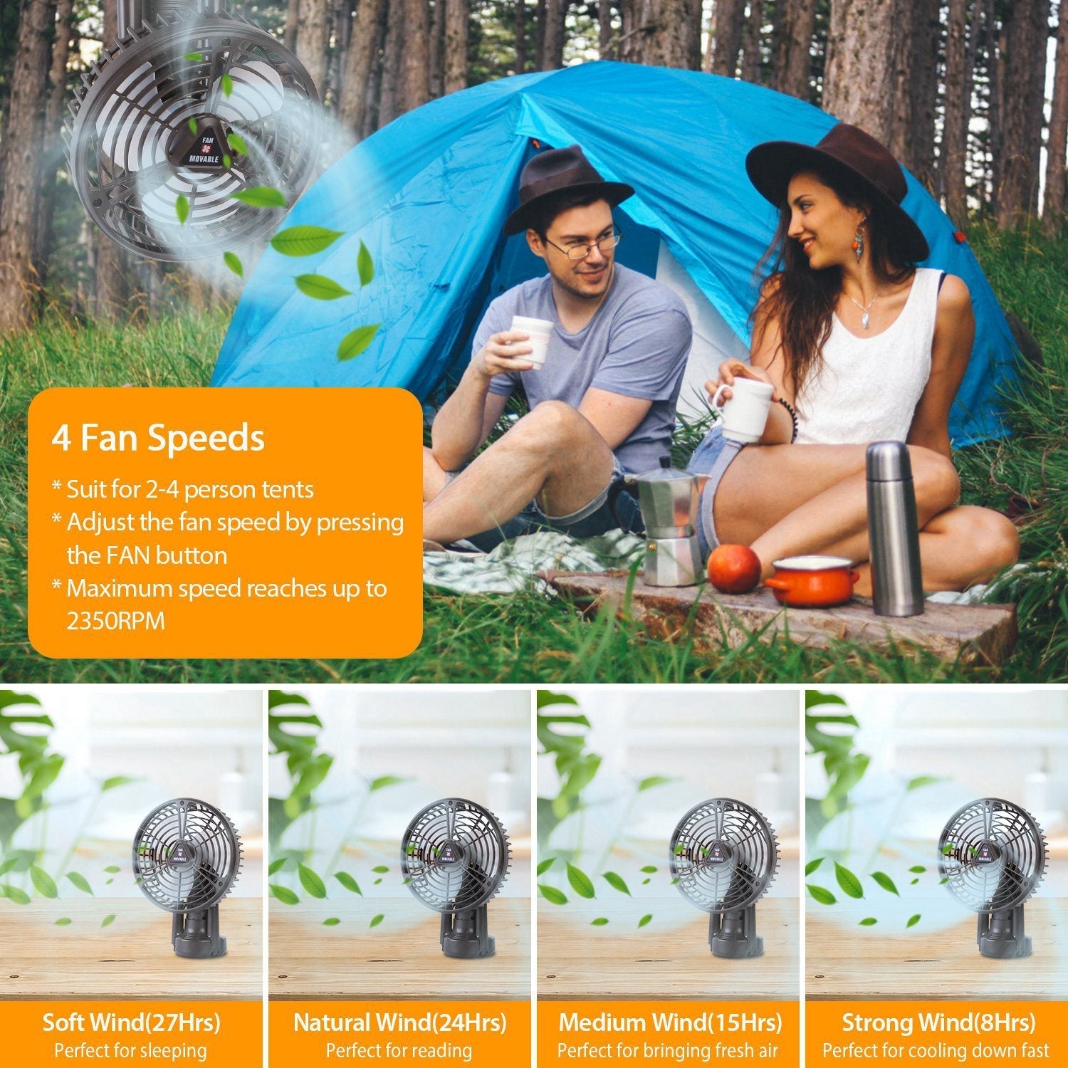 GemGear 10400mAh camping fan with LED light, rechargeable, tripod tent-hanging, 4 speeds on Tampa Home & Garden Store