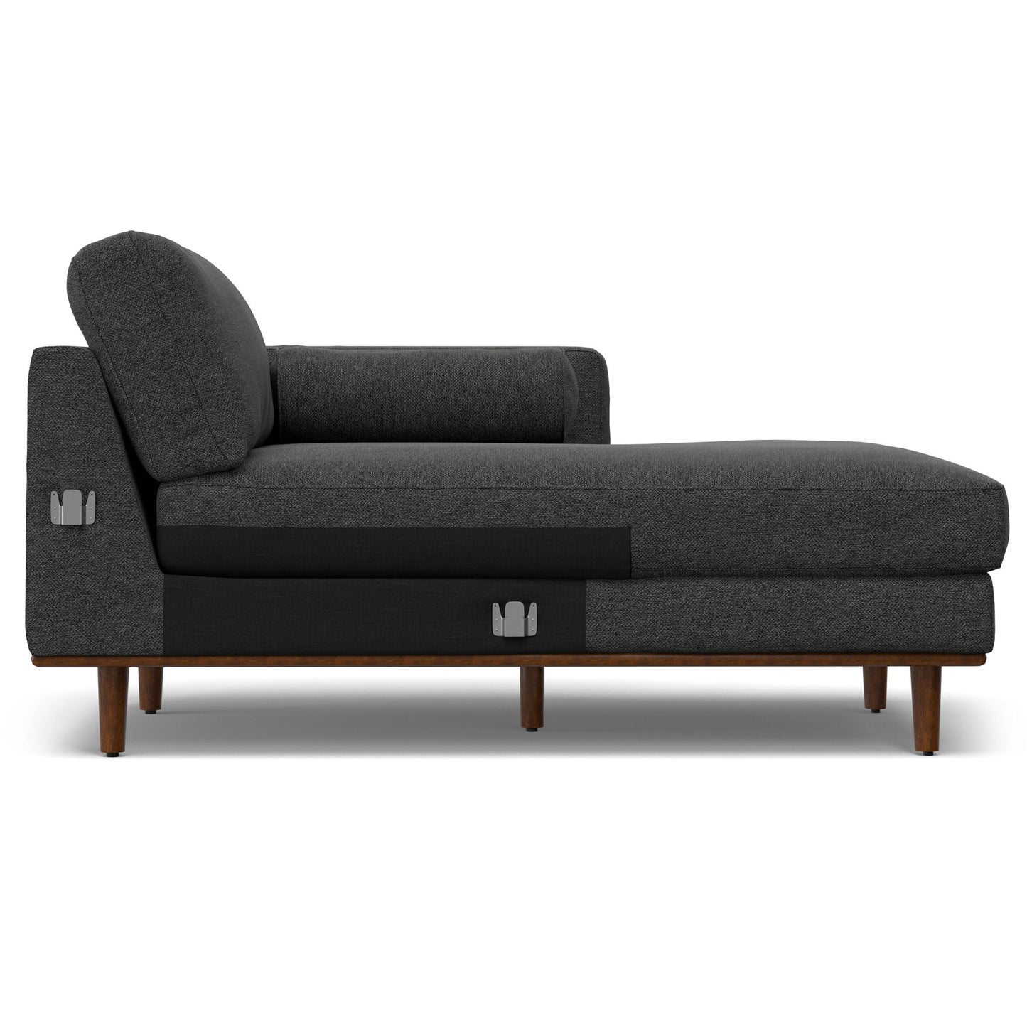 Morrison upholstered sectional sofa in dark charcoal gray fabric with wooden legs on Tampa Home & Garden Store