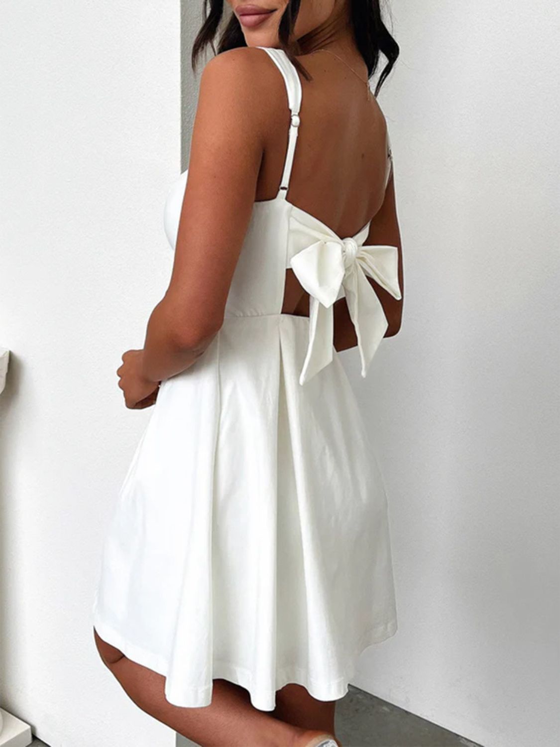 White bow-back mini dress with square neckline and adjustable straps by Stevvex, Dresses on Tampa Home & Garden Store