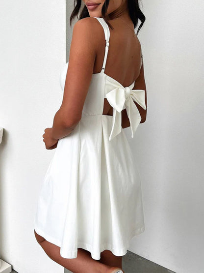White bow-back mini dress with square neckline and adjustable straps by Stevvex, Dresses on Tampa Home & Garden Store