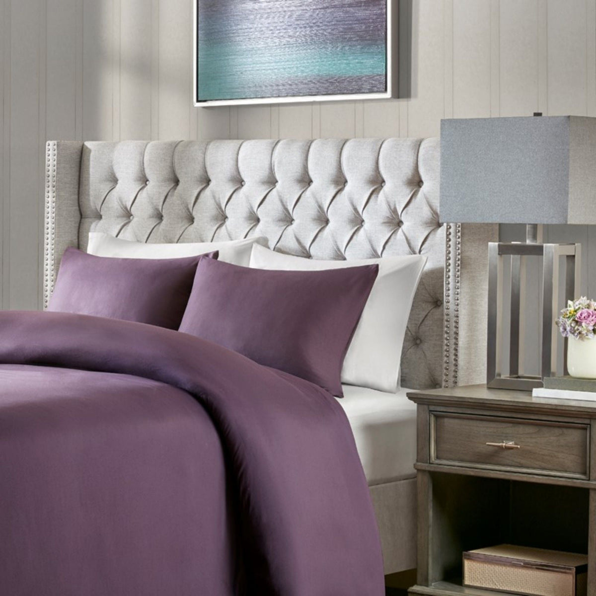 Queen transitional upholstered headboard with gray fabric tufted buttons nailhead trim on Tampa Home & Garden Store