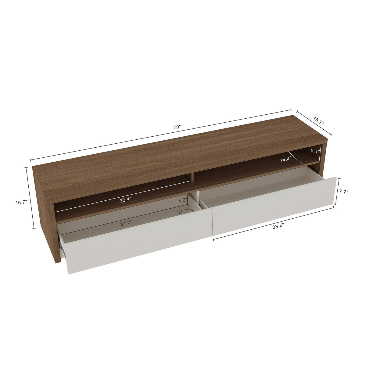 Modern 70in TV stand with brown wood grain top and white full-extension drawers on Tampa Home & Garden Store