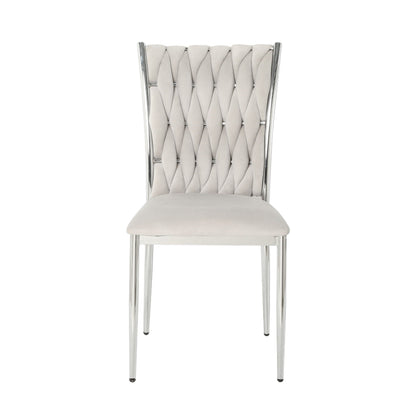 Modern dining chair with beige fabric upholstery and chrome frame, lattice back on Tampa Home & Garden Store