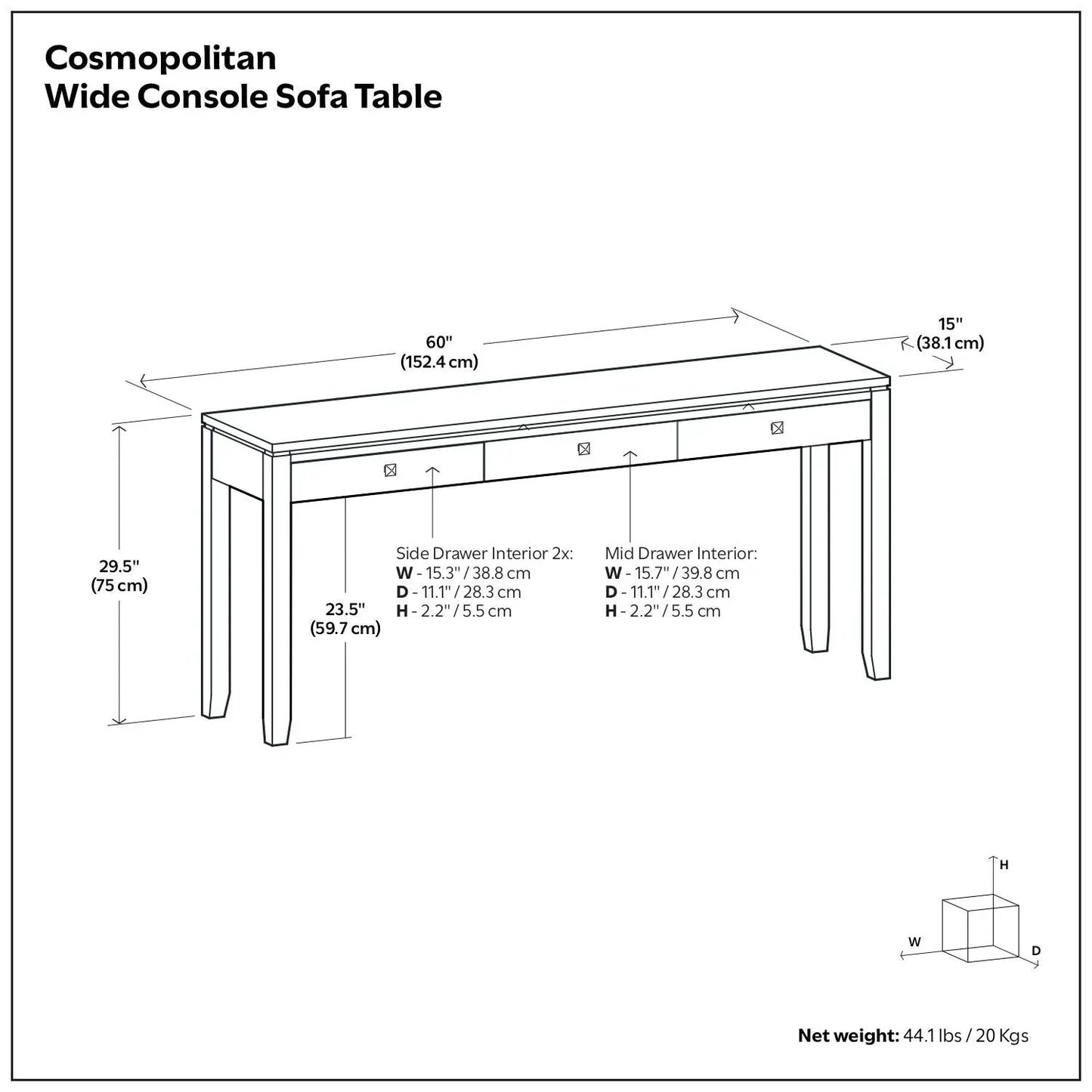 Cosmopolitan Wide Console Sofa Table mahogany brown, 60W x 15D x 29.5H with top drawers on Tampa Home & Garden Store