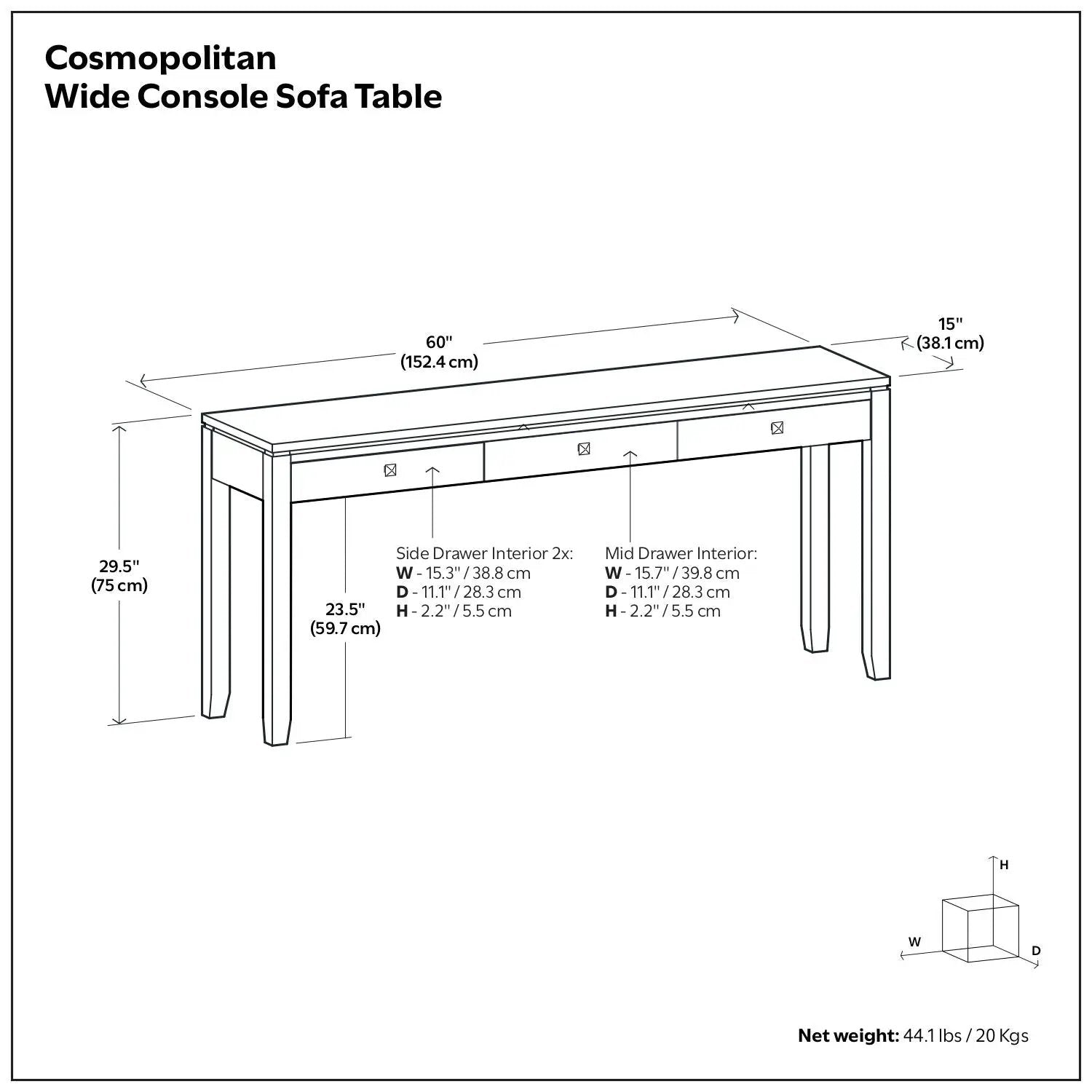Cosmopolitan Wide Console Sofa Table mahogany brown, 60W x 15D x 29.5H with top drawers on Tampa Home & Garden Store