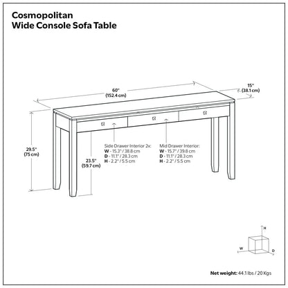 Cosmopolitan Wide Console Sofa Table mahogany brown, 60W x 15D x 29.5H with top drawers on Tampa Home & Garden Store