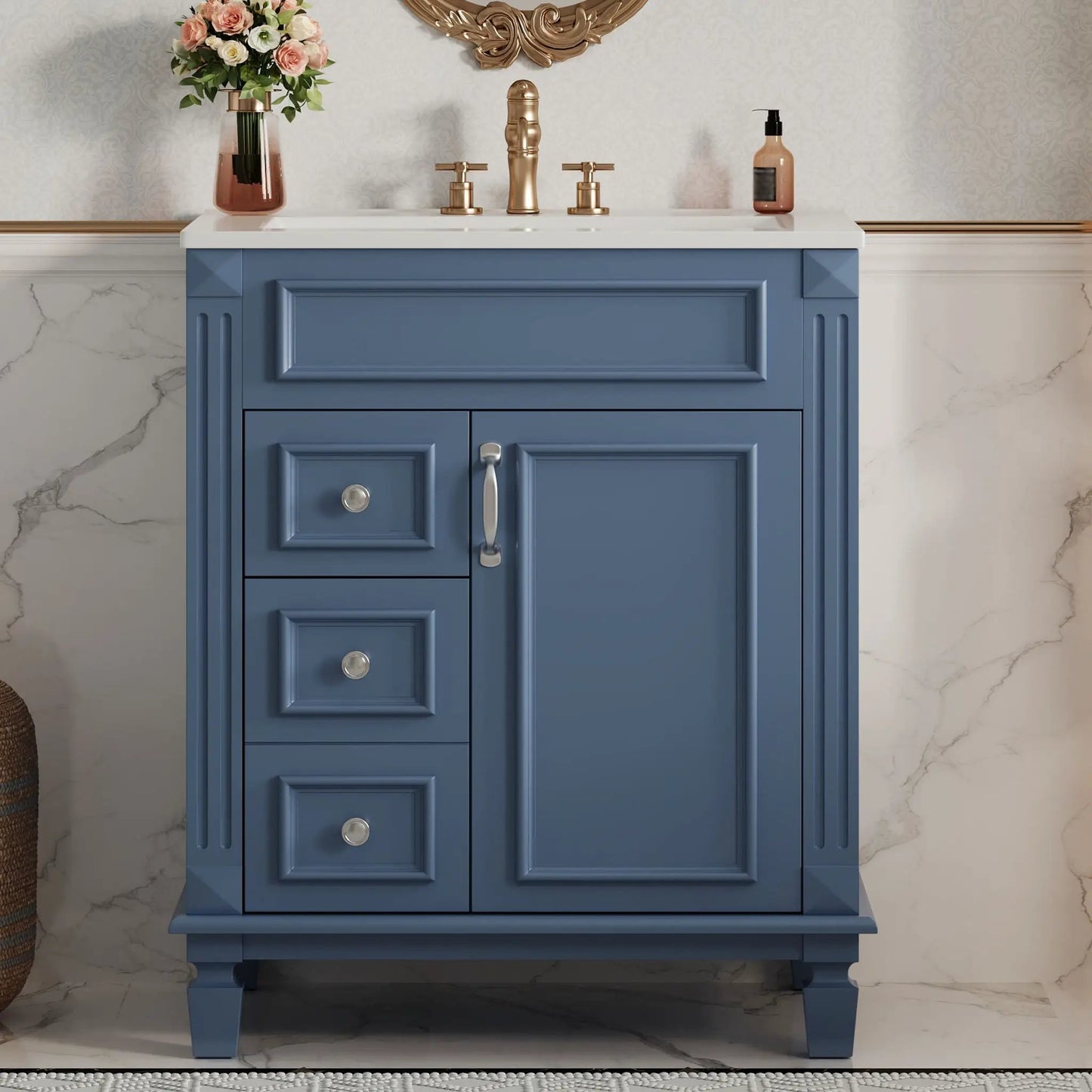 Bathroom vanity with sink, compact blue cabinet and 2 drawers, white countertop, gold faucet on Tampa Home & Garden Store