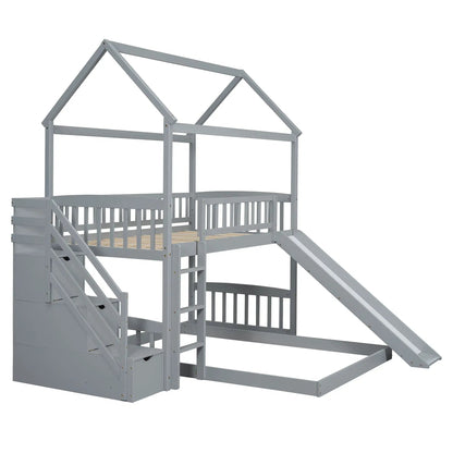 House bunk bed with slide in gray metal frame, upper loft with roof and stairs on Tampa Home & Garden Store