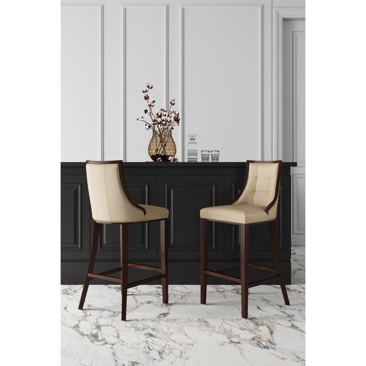 White bar height stool with solid wood frame, beige upholstered seat, HouseOfZazla, set of 2 on Tampa Home & Garden Store