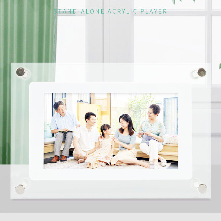 Acrylic digital photo frame with white border displaying a family portrait on Tampa Home & Garden Store