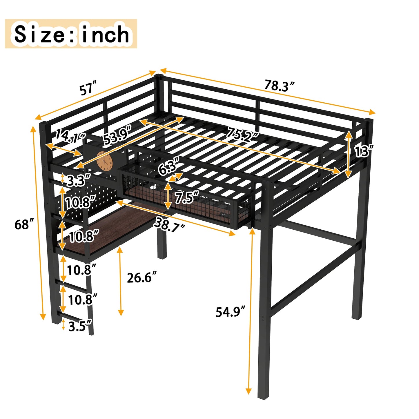 Metal Loft Bed with Desk and Charging Port