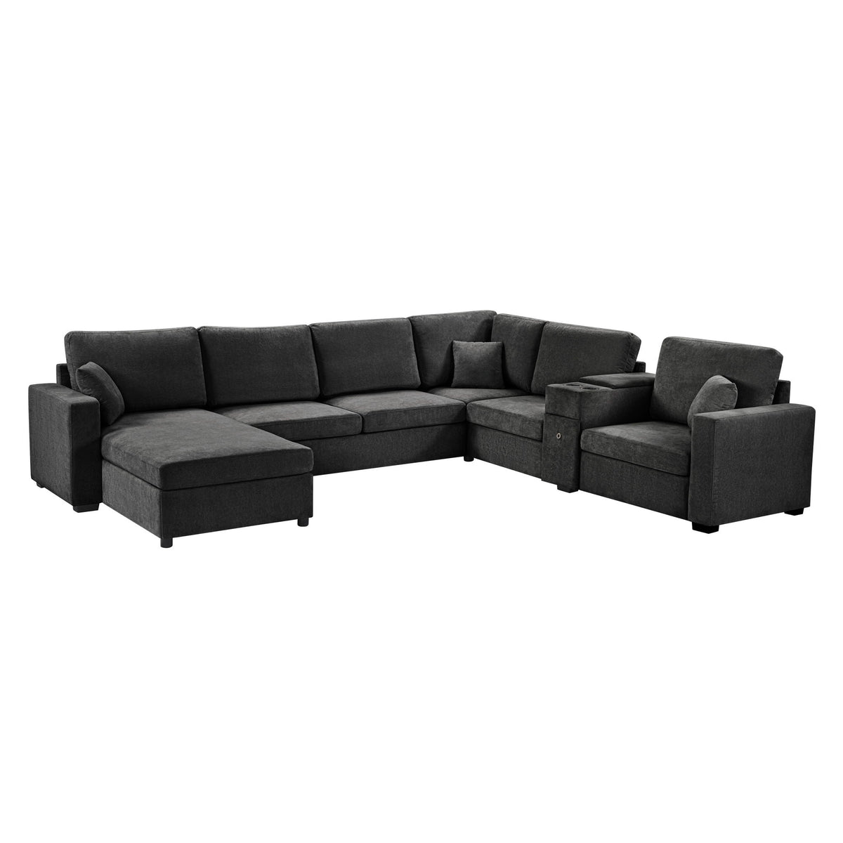 Modular 5-seat U-shape sectional sofa with chaise in dark gray fabric, cup holders and drawer on Tampa Home & Garden Store