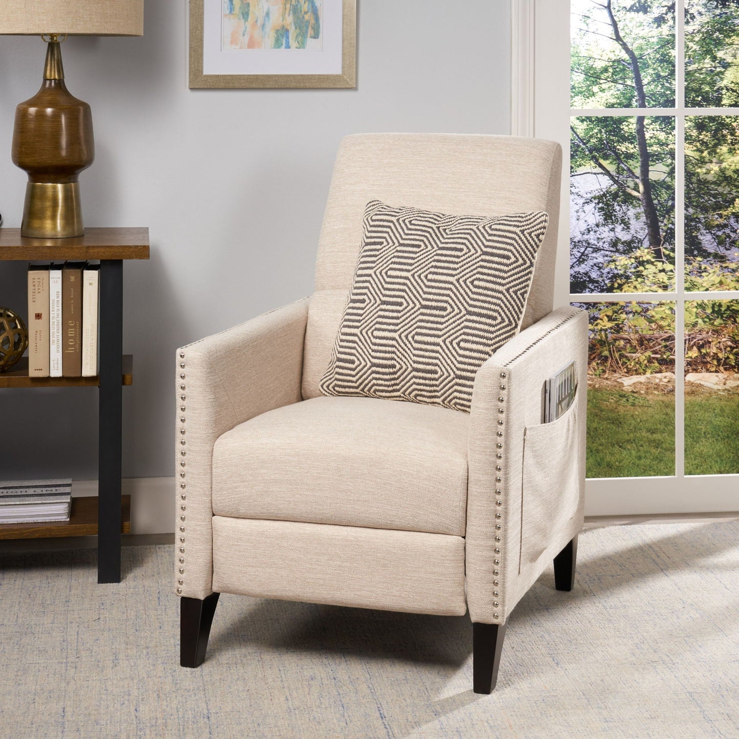 Kiersten Contemporary Fabric Pushback Recliner by HouseOfZazla in beige with nailhead trim on Tampa Home & Garden Store