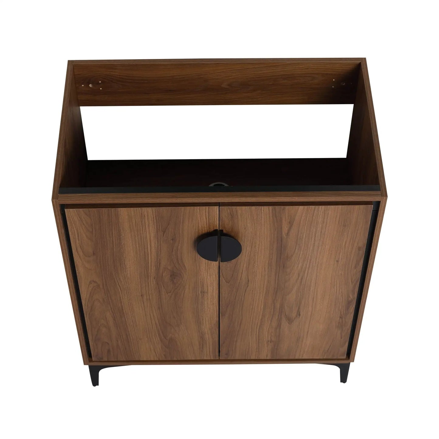Modern bathroom vanity storage cabinet in walnut engineered wood with soft-close doors and black legs on Tampa Home & Garden Store