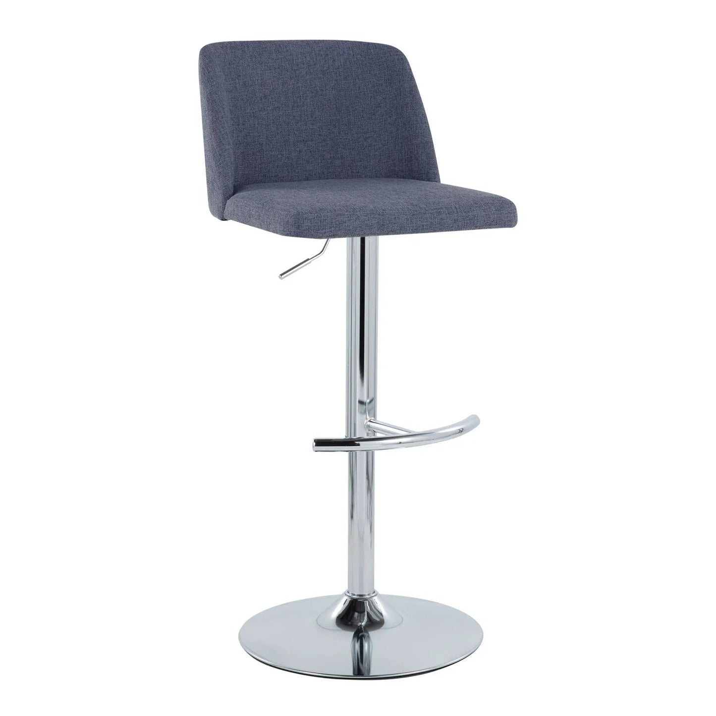 Toriano blue fabric barstool set of 2 with swivel rounded T-footrest chrome pedestal base on Tampa Home & Garden Store