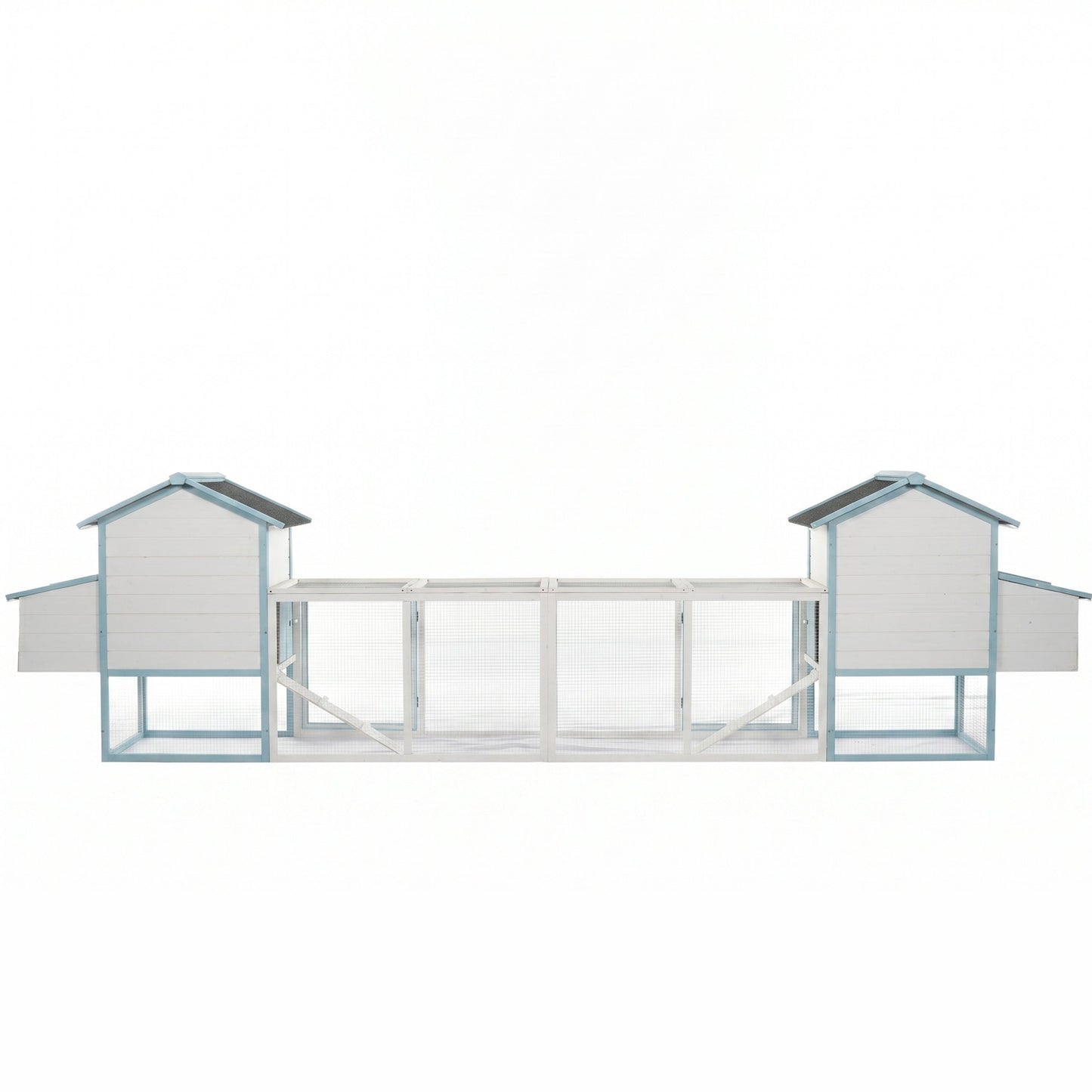 Large wooden chicken coops with double nesting boxes, coops with blue trim, wire mesh run on Tampa Home & Garden Store