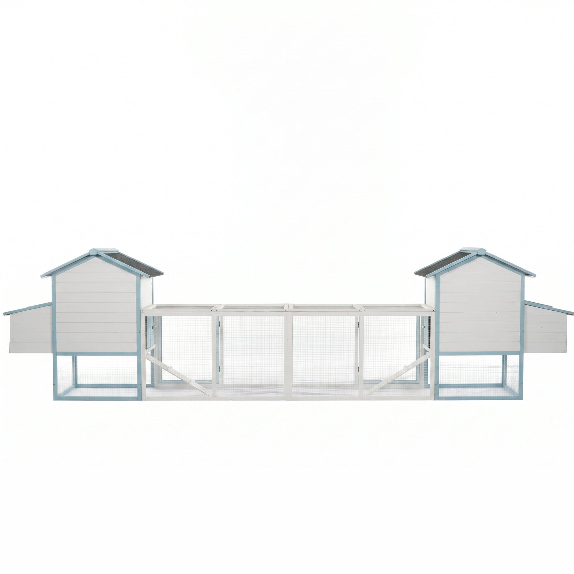 Large wooden chicken coops with double nesting boxes, coops with blue trim, wire mesh run on Tampa Home & Garden Store