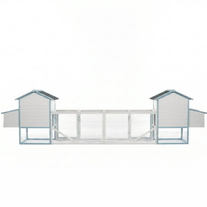 Large wooden chicken coops with double nesting boxes, coops with blue trim, wire mesh run on Tampa Home & Garden Store